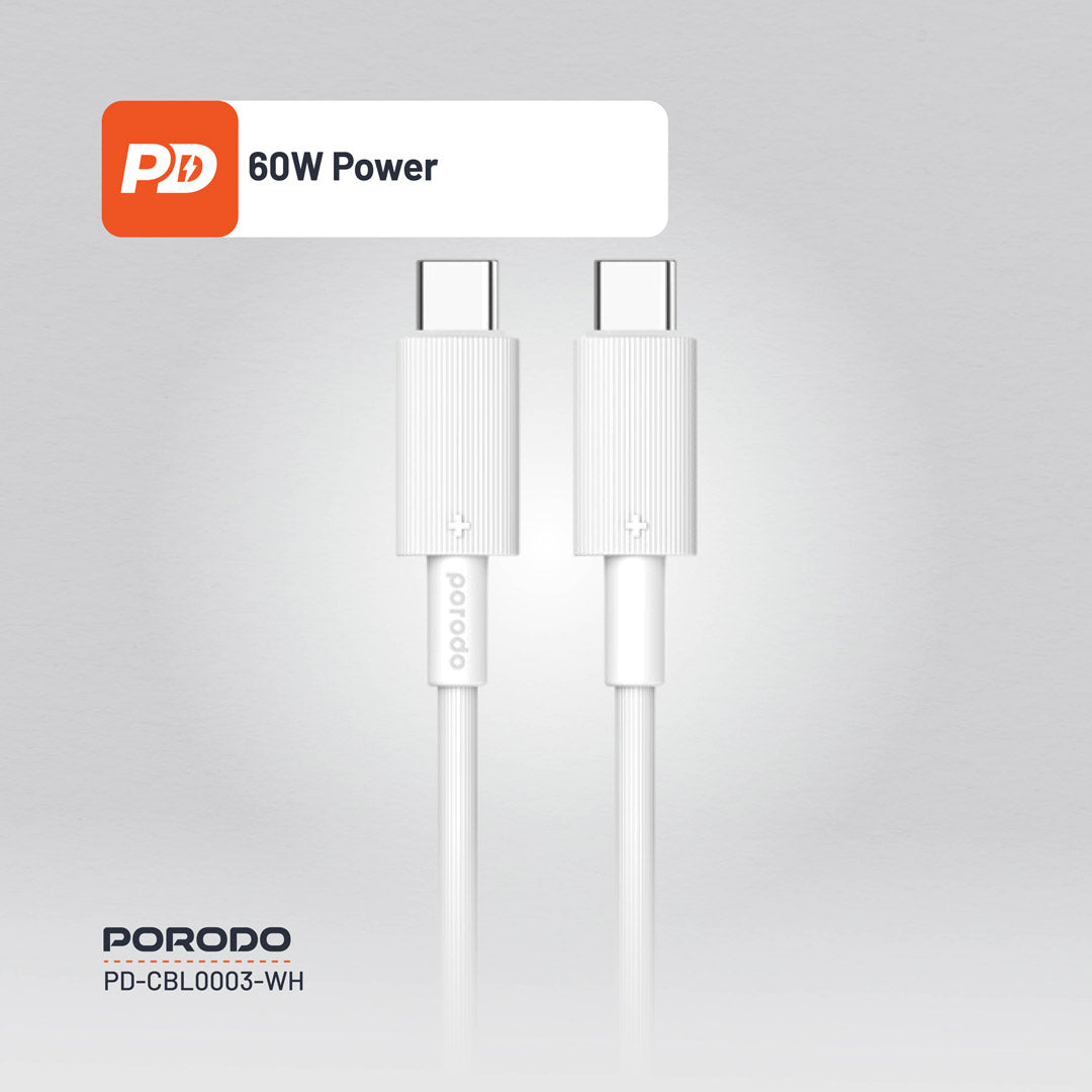 كيبل بورودو يو اس بي سي الى يو اس بي سي بطول 1.2 متر, شحن سريع 60 واط | Porodo USB-C to USB-C PVC Cable 1.2M – 60W PD Fast Charging.