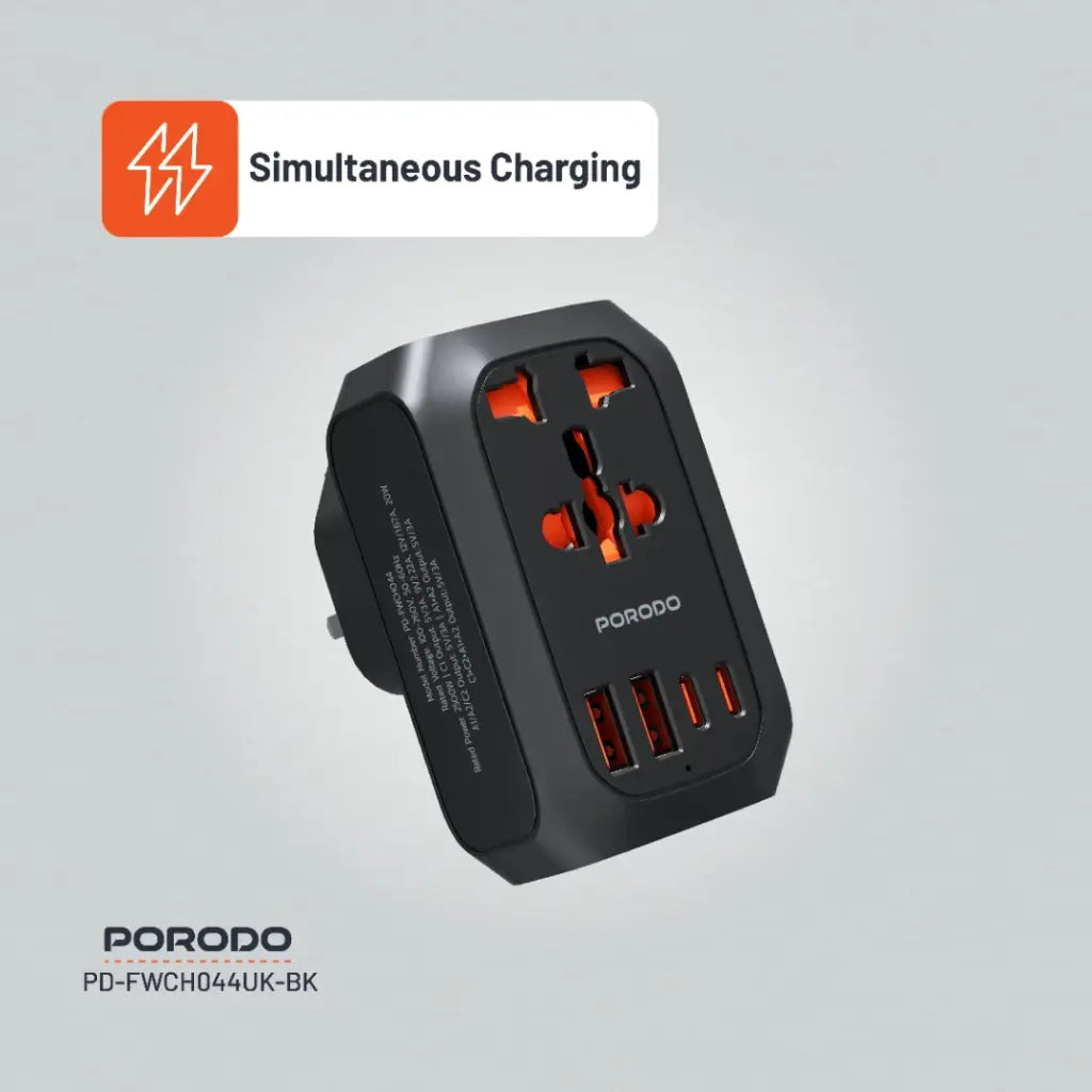 محول السفر العالمي من بورودو بقابس بريطاني - اسود | Porodo 2500W UK Pin Travel Adapter – Black