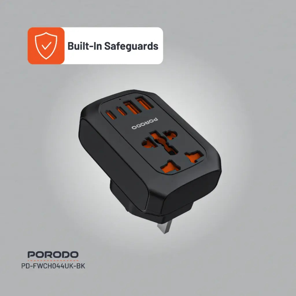 محول السفر العالمي من بورودو بقابس بريطاني - اسود | Porodo 2500W UK Pin Travel Adapter – Black