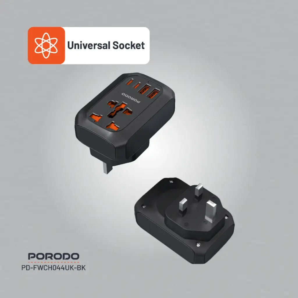 محول السفر العالمي من بورودو بقابس بريطاني - اسود | Porodo 2500W UK Pin Travel Adapter – Black