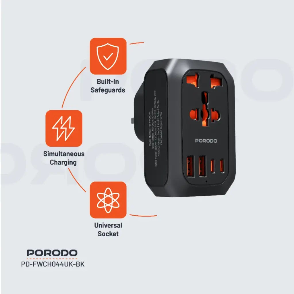 محول السفر العالمي من بورودو بقابس بريطاني - اسود | Porodo 2500W UK Pin Travel Adapter – Black