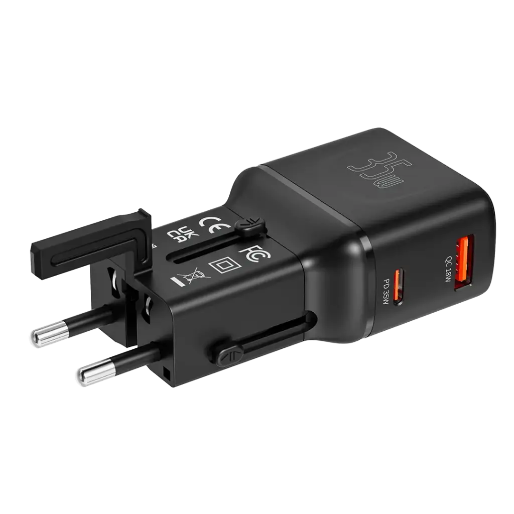 شاحن السفر الجيبي من بورودو, شحن سريع بقدرة 35 واط مع مقابس متعددة - اسود | Porodo PD35W Pocket Travel Charger with UK/EU/US/AU Plugs – Black