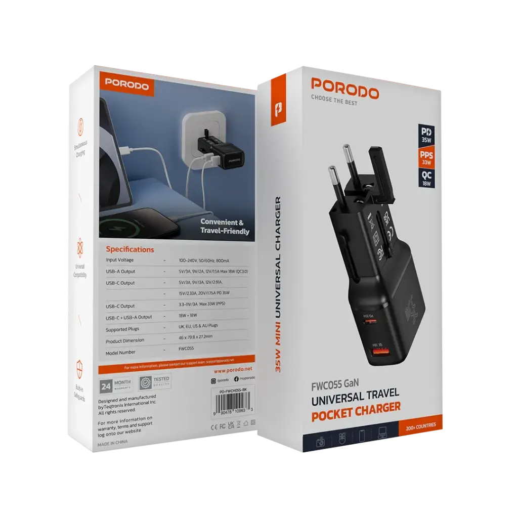 شاحن السفر الجيبي من بورودو, شحن سريع بقدرة 35 واط مع مقابس متعددة - اسود | Porodo PD35W Pocket Travel Charger with UK/EU/US/AU Plugs – Black