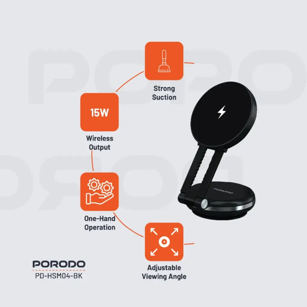 حامل هاتف وشاحن مغناطيسي ماغسيف من بورودو فاكسيل - اسود | Porodo Vacseal MagSafe Charging Mount – Black