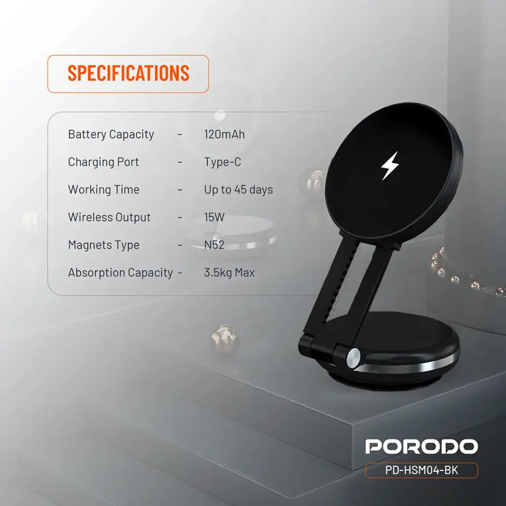 حامل هاتف وشاحن مغناطيسي ماغسيف من بورودو فاكسيل - اسود | Porodo Vacseal MagSafe Charging Mount – Black