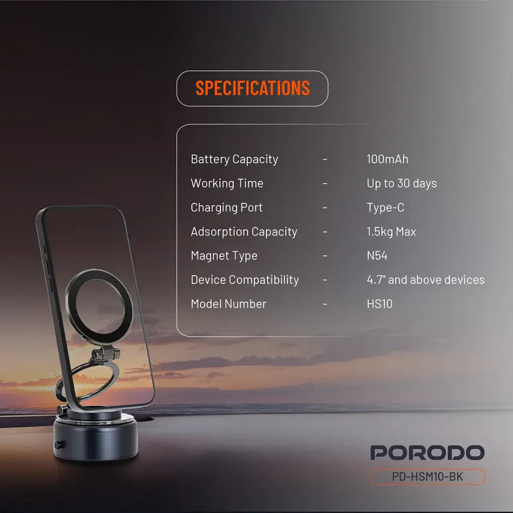 حامل هاتف ماج سيف كهربائي من بورودو, قابل للطي والدوران 360 درجة - اسود | Porodo Electric 360° Foldable MagSafe Holder - Black
