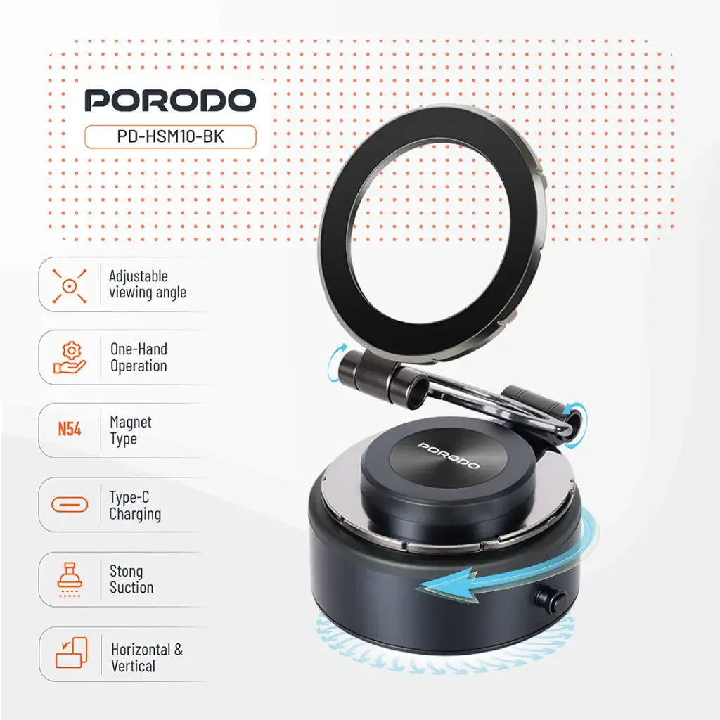 حامل هاتف ماج سيف كهربائي من بورودو, قابل للطي والدوران 360 درجة - اسود | Porodo Electric 360° Foldable MagSafe Holder - Black
