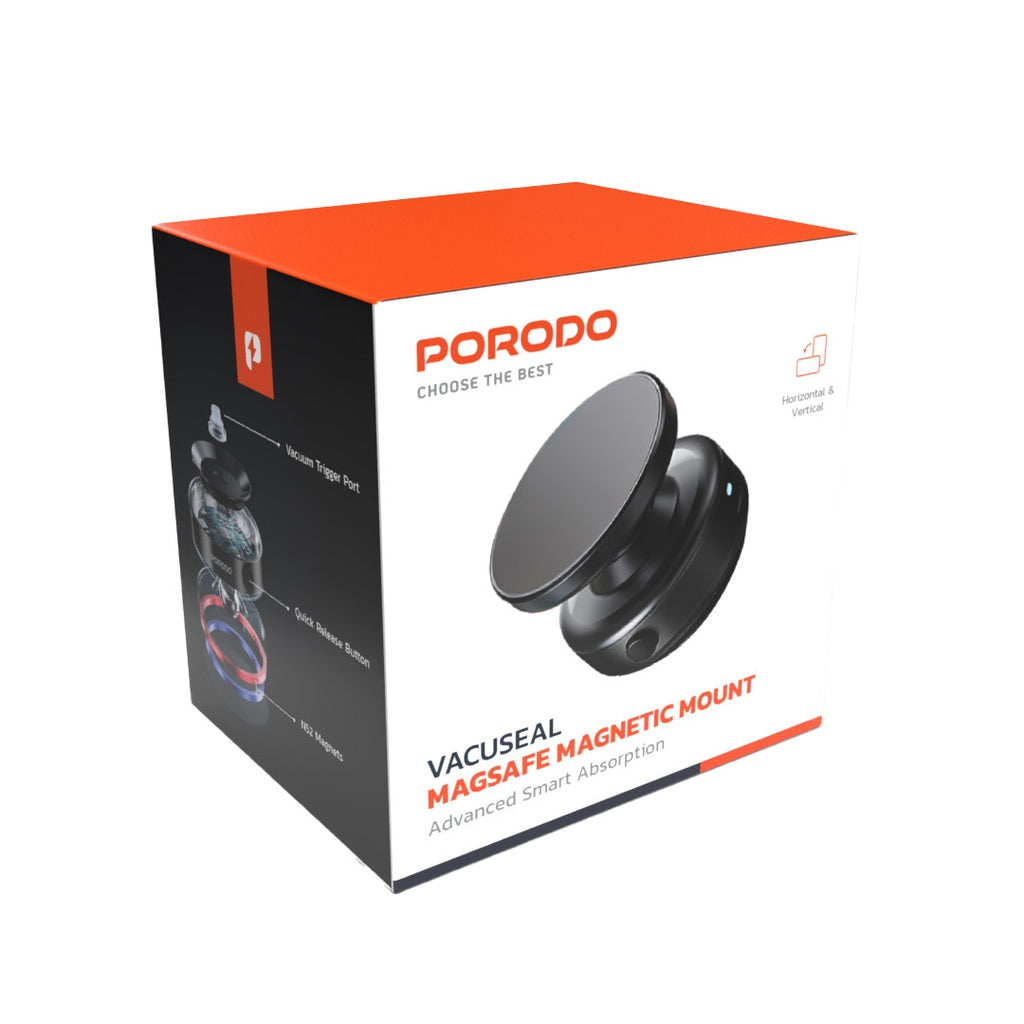 حامل هاتف للسيارة مغناطيسي كهربائي مع قاعدة تثبيت ودوران 360 درجة من بورودو - اسود | Porodo Auto Electric Suction 360° Rotatable Magnetic Mount - Black