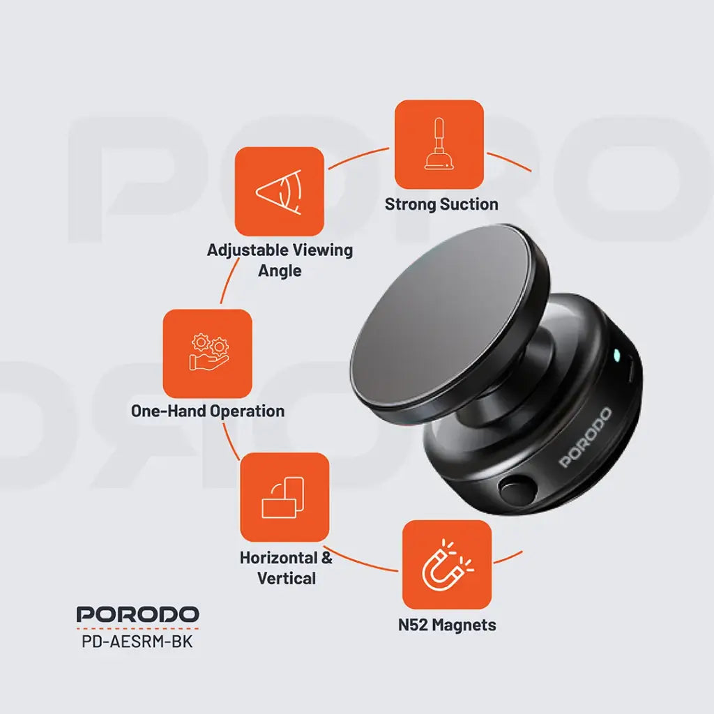 حامل هاتف للسيارة مغناطيسي كهربائي مع قاعدة تثبيت ودوران 360 درجة من بورودو - اسود | Porodo Auto Electric Suction 360° Rotatable Magnetic Mount - Black