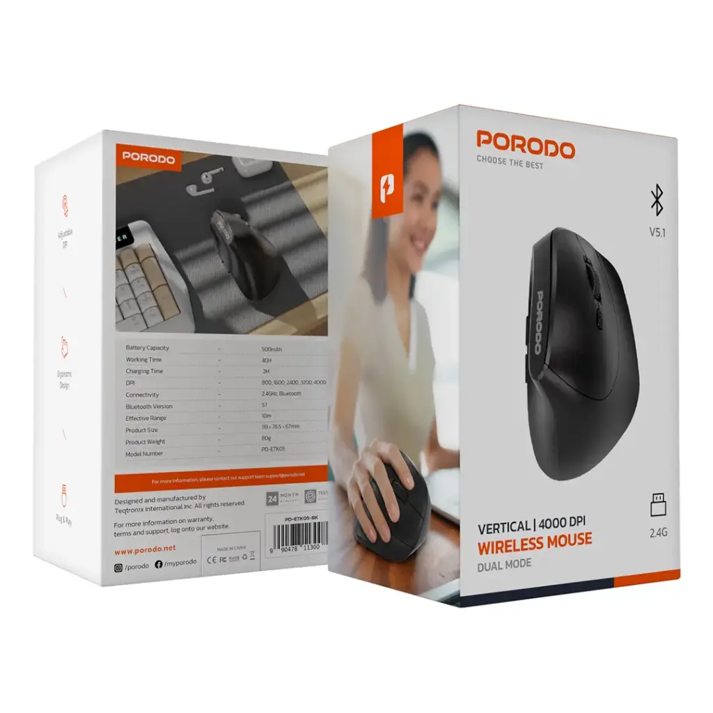 ماوس لاسلكي قابل لاعادة الشحن بوضع مزدوج 2.4G وبلوتوث من بورودو, حساسية بين 1200 و 3200 - اسود | Porodo Dual Mode Rechargeable Mouse BT + 2.4G DPI 1200-3200 – Black