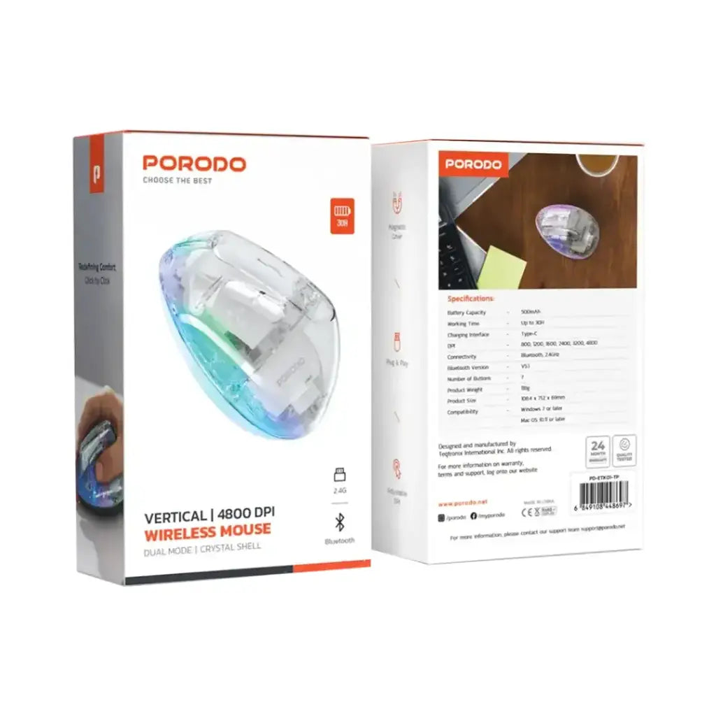 ماوس بورودو العمودي اللاسلكي القابل لاعادة الشحن - شفاف | Porodo Rechargeable Wireless 6D Ergonomic Vertical Mouse – Transparent