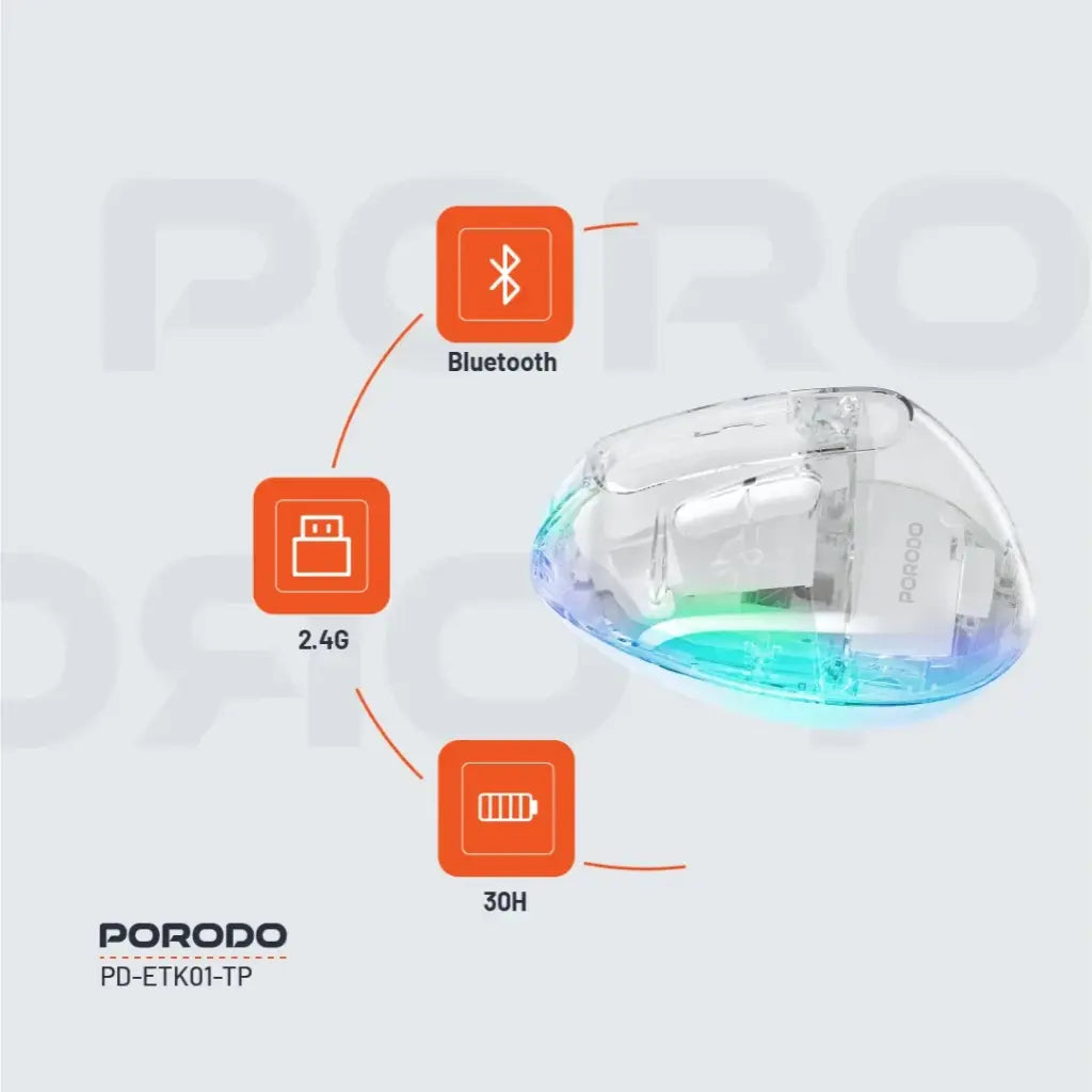 ماوس بورودو العمودي اللاسلكي القابل لاعادة الشحن - شفاف | Porodo Rechargeable Wireless 6D Ergonomic Vertical Mouse – Transparent