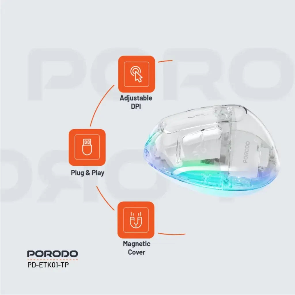 ماوس بورودو العمودي اللاسلكي القابل لاعادة الشحن - شفاف | Porodo Rechargeable Wireless 6D Ergonomic Vertical Mouse – Transparent