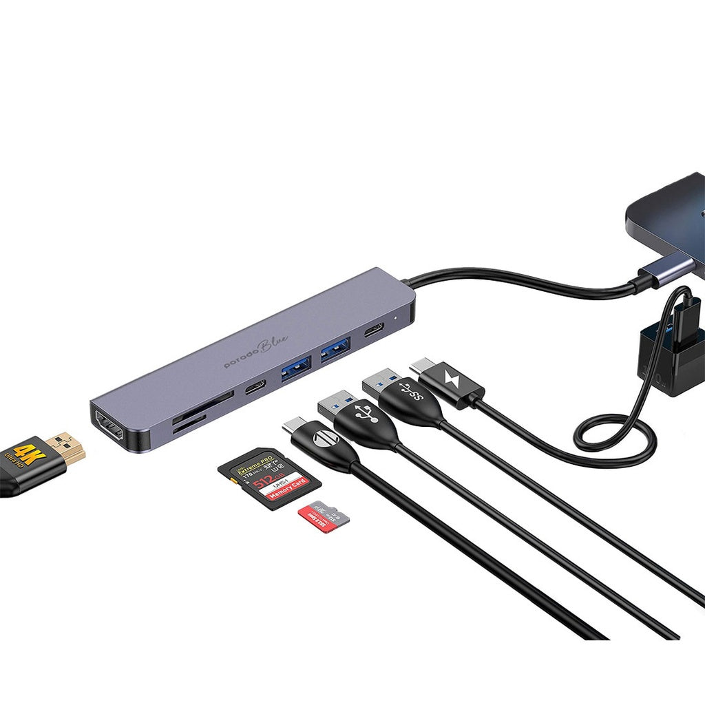 موزع يو اس بي 7 في 1 من بورودو بلو, منفذين تايب سي ومنفذين يو اس بي اي و اج دي ام اي ومايكرو اس دي و اس دي | Porodo Blue 7in1 Hub HDMI 2XUSB-A 2XUSB-C SD MicroSD