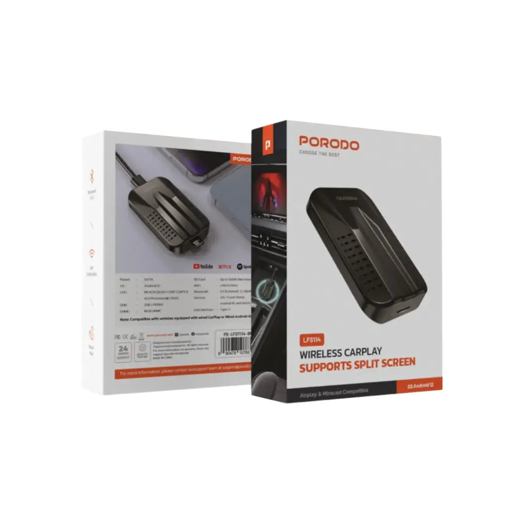 جهاز CarPlay سلكي عبر يو اس بي سي من بورودو, نظام تشغيل اندرويد 12 وسعة 128GB - اسود | Porodo Android 12 BT5.0 + 128GB with USB-C Built-in Wired CarPlay - Black