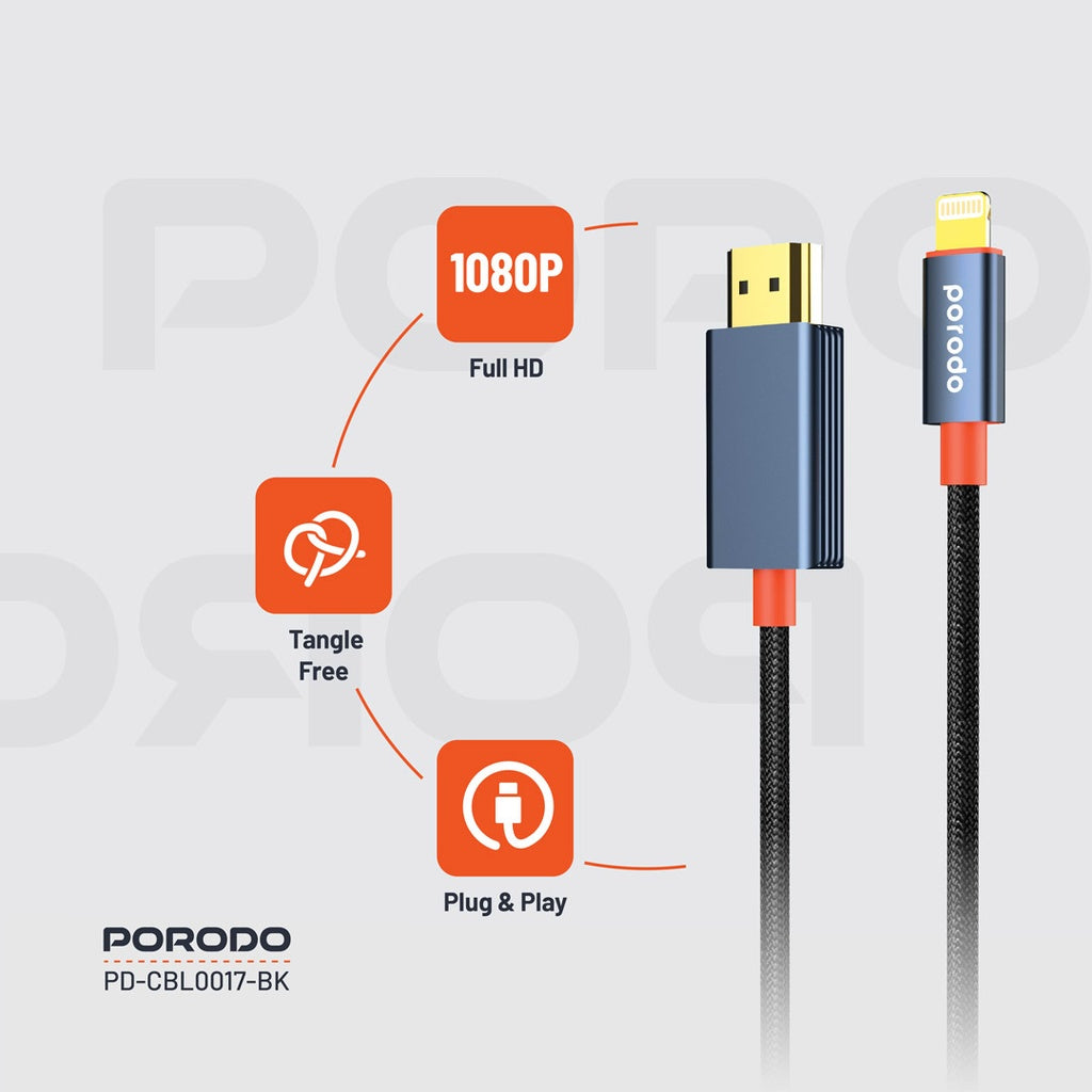 كيبل لايتننغ الى اج دي ام اي من بورودو بنسيج معدني - اسود | Porodo Alum. Alloy Woven Cable Lightning to HDMI 2m – Black