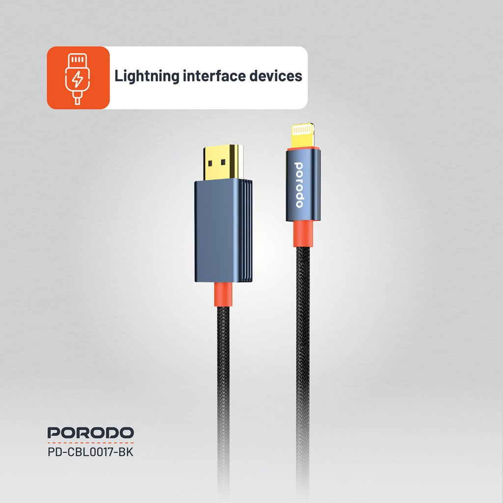 كيبل لايتننغ الى اج دي ام اي من بورودو بنسيج معدني - اسود | Porodo Alum. Alloy Woven Cable Lightning to HDMI 2m – Black
