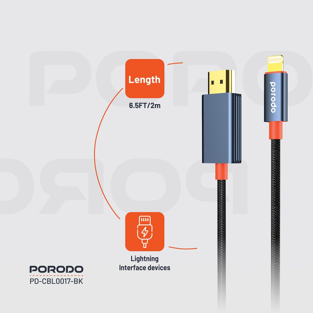 كيبل لايتننغ الى اج دي ام اي من بورودو بنسيج معدني - اسود | Porodo Alum. Alloy Woven Cable Lightning to HDMI 2m – Black