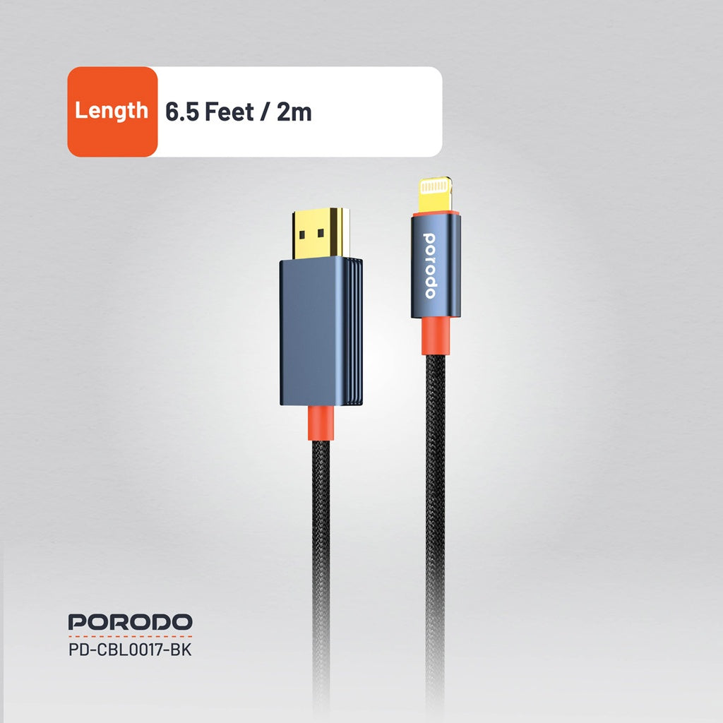 كيبل لايتننغ الى اج دي ام اي من بورودو بنسيج معدني - اسود | Porodo Alum. Alloy Woven Cable Lightning to HDMI 2m – Black
