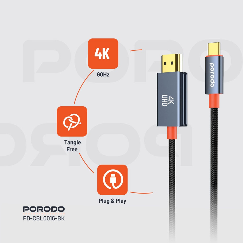 كيبل بورودو من تايب سي الى اج دي ام اي بطول 2 متر - اسود | Porodo Alum. Alloy Woven Cable Type-C to HDMI 2m – Black