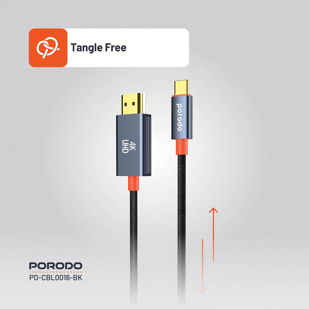 كيبل بورودو من تايب سي الى اج دي ام اي بطول 2 متر - اسود | Porodo Alum. Alloy Woven Cable Type-C to HDMI 2m – Black