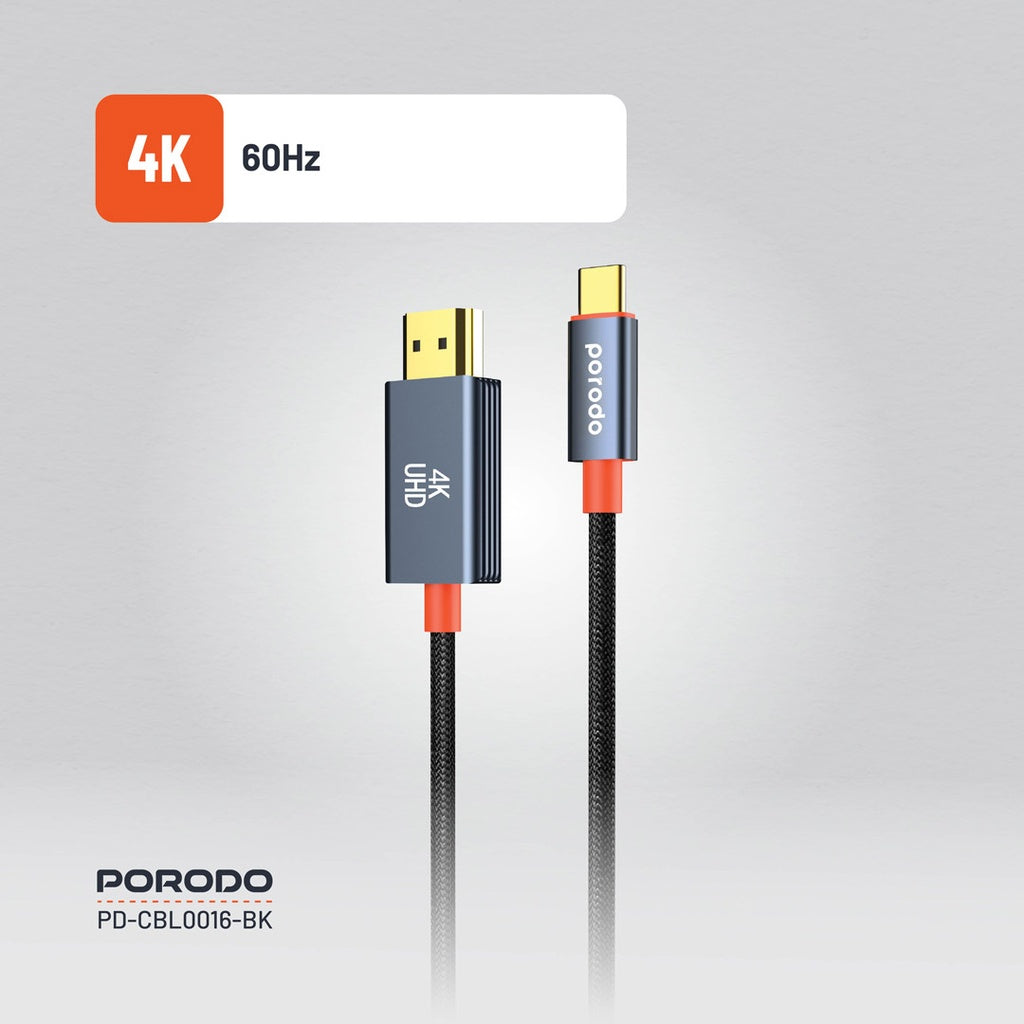 كيبل بورودو من تايب سي الى اج دي ام اي بطول 2 متر - اسود | Porodo Alum. Alloy Woven Cable Type-C to HDMI 2m – Black