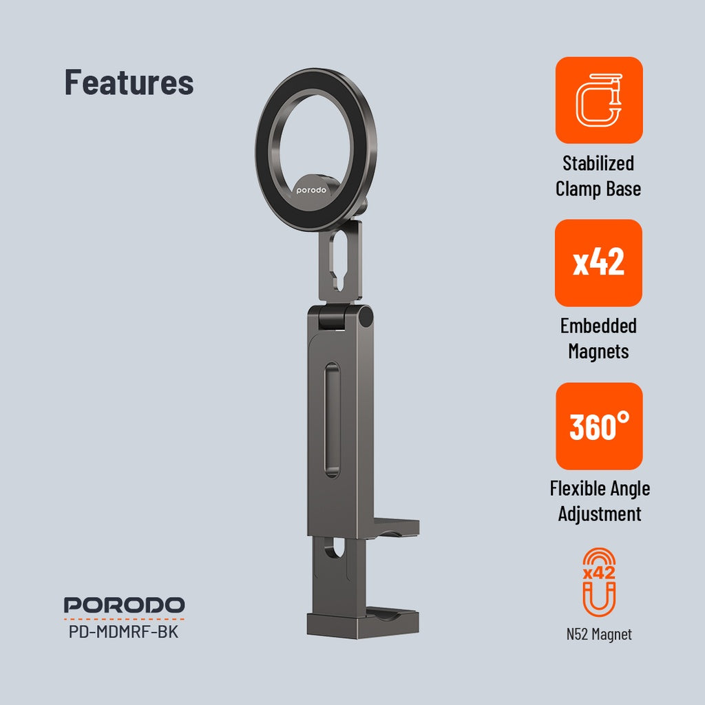 حامل هاتف مغناطيسي للمكتب بزاوية دوران 360 درجة قابل للطي من بورودو - اسود | Porodo Magnetic Desk Mount with 360° Rotation Folding - Black