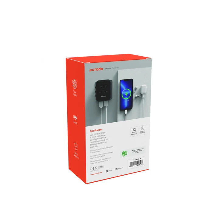 بورودو محول سفر عالمي بمنفذين يو اس بي اي بقدرة 2.4A - اسود | Porodo Dual USB-A Universal Travel Adapter 2.4A – Black
