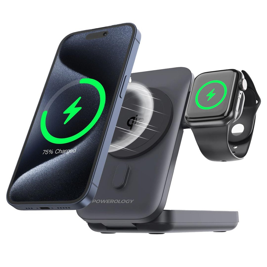 باور بانك ماج سيف باورولوجي 3 في 1 بسعة 10000 مللي امبير - اسود | Powerology 10000mAh 3 in 1 MagSafe Power Bank – Black.