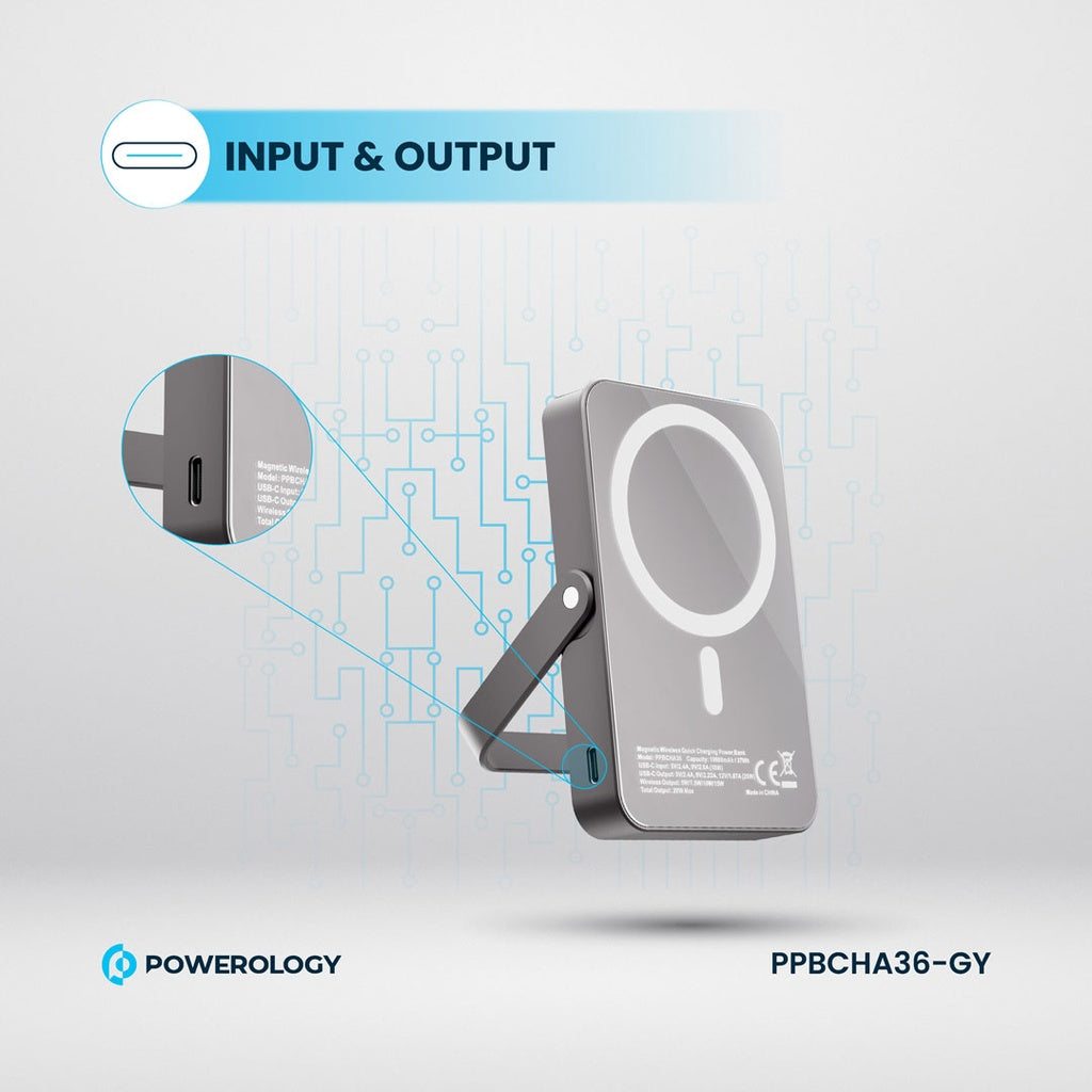 باور بانك باورولوجي المغناطيسي, سعة 10000 مللي امبير مع شحن لاسلكي 15 واط وشحن سريع 20 واط | Powerology 10000mAh MagSafe Wireless Power Bank PD20W.