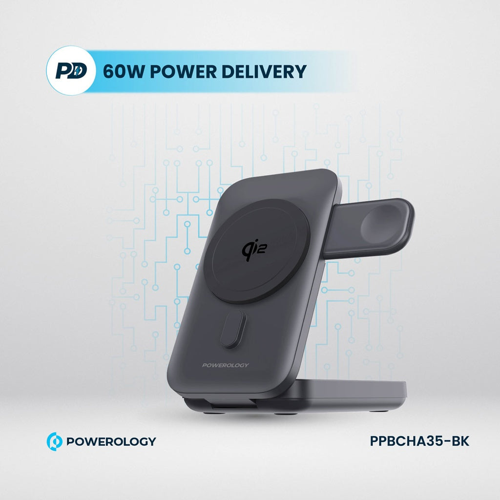 باور بانك ماج سيف باورولوجي 3 في 1 بسعة 10000 مللي امبير - اسود | Powerology 10000mAh 3 in 1 MagSafe Power Bank – Black.