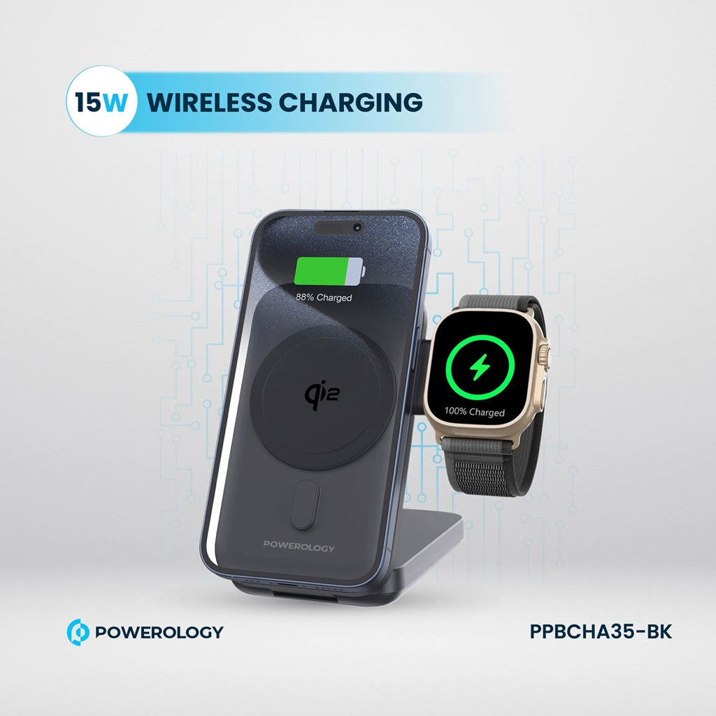 باور بانك ماج سيف باورولوجي 3 في 1 بسعة 10000 مللي امبير - اسود | Powerology 10000mAh 3 in 1 MagSafe Power Bank – Black.