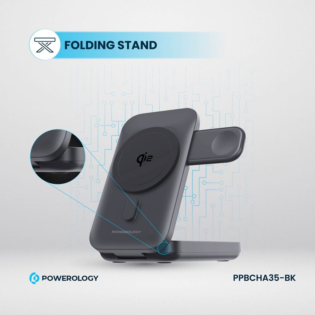 باور بانك ماج سيف باورولوجي 3 في 1 بسعة 10000 مللي امبير - اسود | Powerology 10000mAh 3 in 1 MagSafe Power Bank – Black.