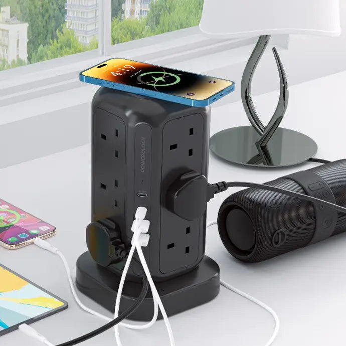 باورولوجي برج وصلة كهربائية بقدرة شحن 35 واط مع شاحن لاسلكي 15 واط, كيبل بطول 3 متر - اسود | Powerology 35W Socket Tower with 15W Wireless Charger 3m - Black.