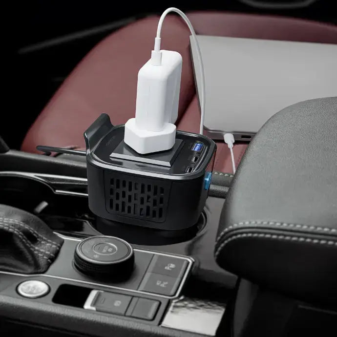 محول السيارة باورولوجي بقدرة 150 واط مع مخرج AC و 2 تايب سي و يو اس بي اي - اسود | Powerology 150W Inverter AC Universal USB A 2*Type-C DC Car 12V 10A - Black.