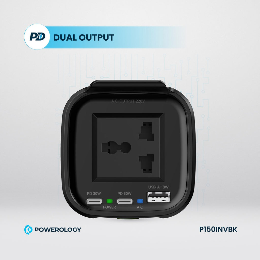 محول السيارة باورولوجي بقدرة 150 واط مع مخرج AC و 2 تايب سي و يو اس بي اي - اسود | Powerology 150W Inverter AC Universal USB A 2*Type-C DC Car 12V 10A - Black.