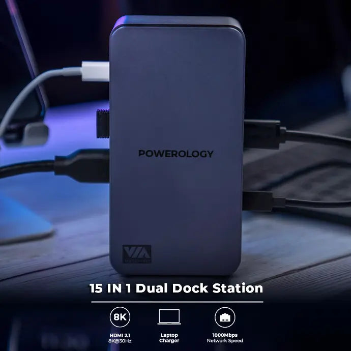 باورولوجي محطة توصيل مزدوجة 15 في 1, شحن سريع بقدرة 100 واط - رمادي | Powerology 15 in 1 Dual Dock Station PD 100W - Grey