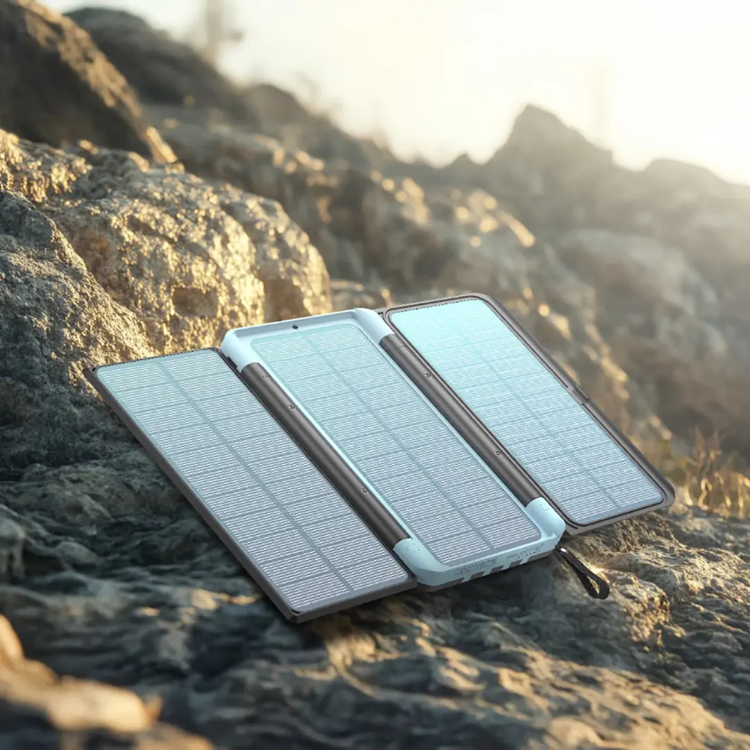 بور بانك باورولوجي, شحن بالطاقة الشمسية, متعدد الكيبلات وبسعة 16000 مللي امبير - اسود | Powerology 16000mAh Solar Multi-Cable Power Bank - Black.