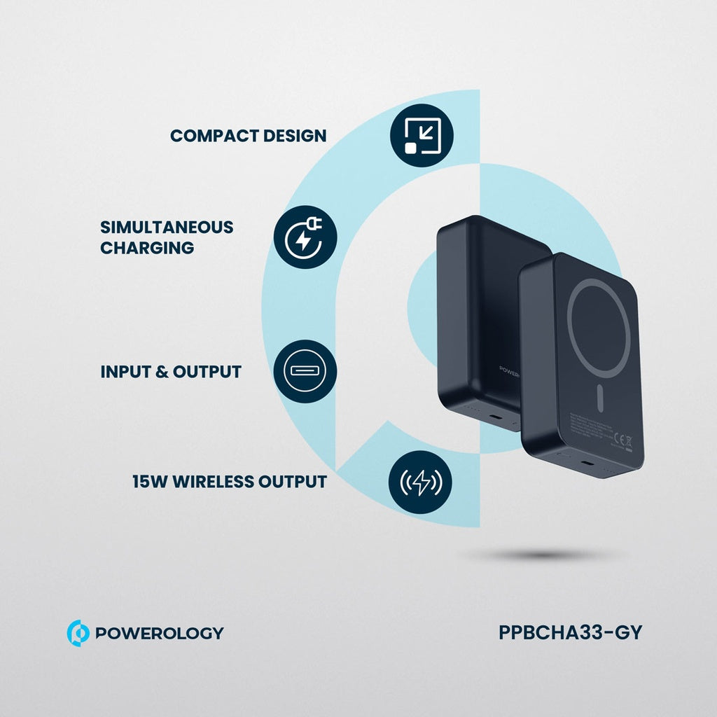 باور بانك باورولوجي المنيوم 20000mAh ومتوافق مع ماج سيف, شحن سريع 20 واط - رمادي | Powerology 20000mAh MagSafe Aluminum Power Bank – 20W PD – Grey.