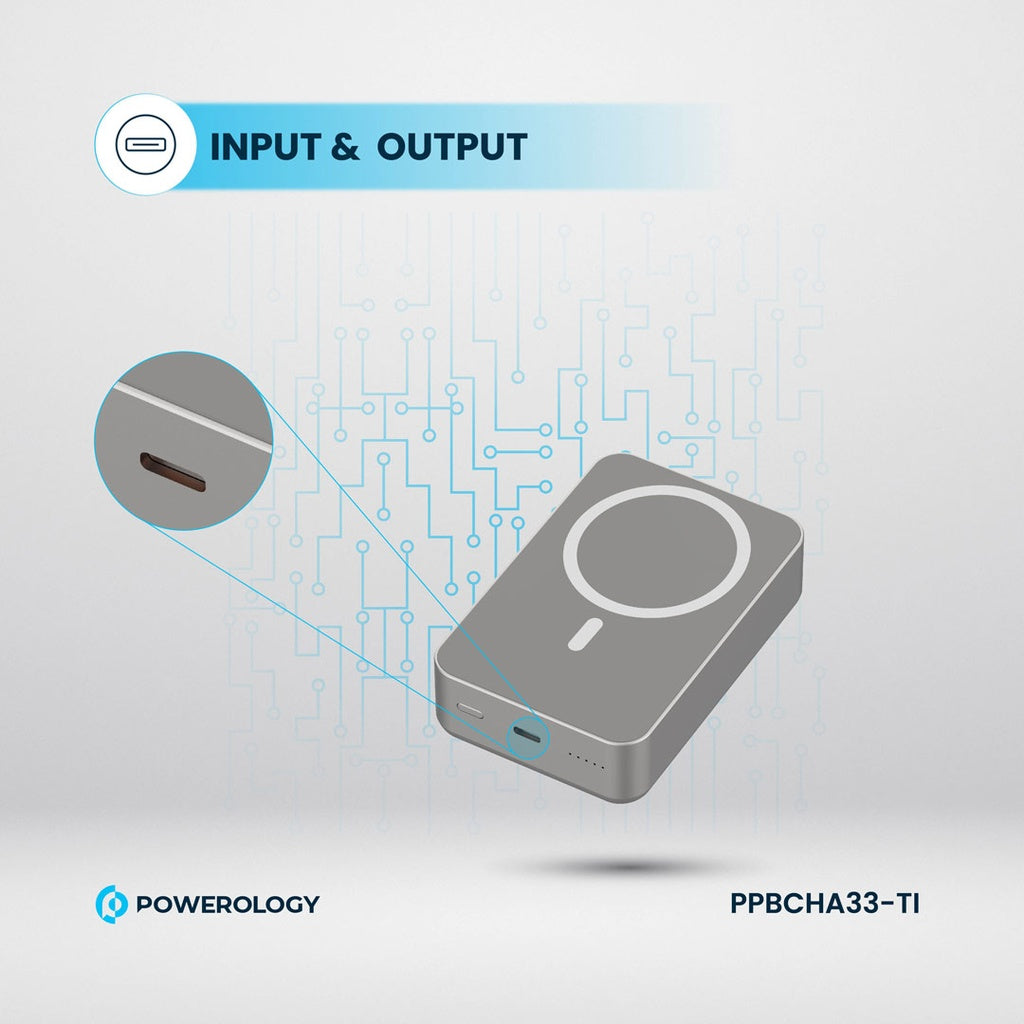 باور بانك باورولوجي المنيوم 20000mAh ومتوافق مع ماج سيف, شحن سريع 20 واط - رمادي | Powerology 20000mAh MagSafe Aluminum Power Bank – 20W PD – Grey.