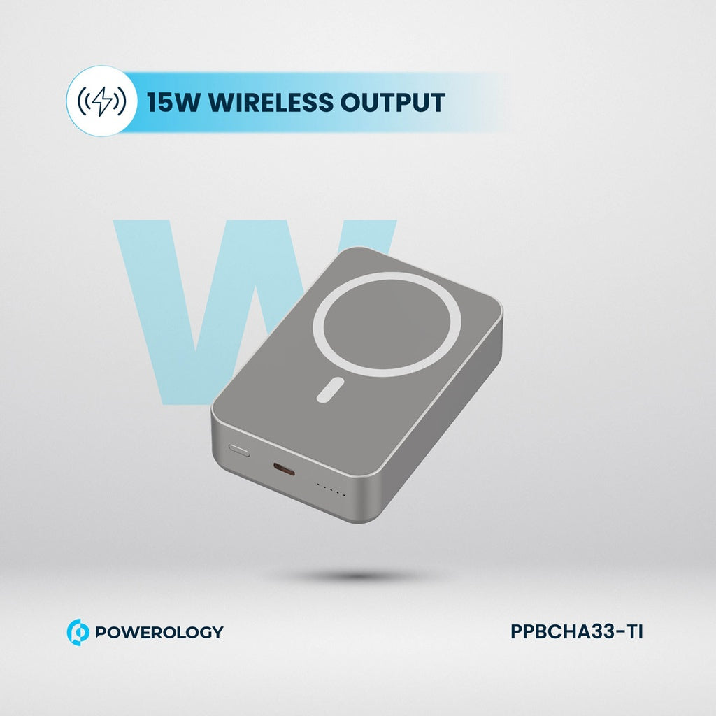 باور بانك باورولوجي المنيوم 20000mAh ومتوافق مع ماج سيف, شحن سريع 20 واط - رمادي | Powerology 20000mAh MagSafe Aluminum Power Bank – 20W PD – Grey.