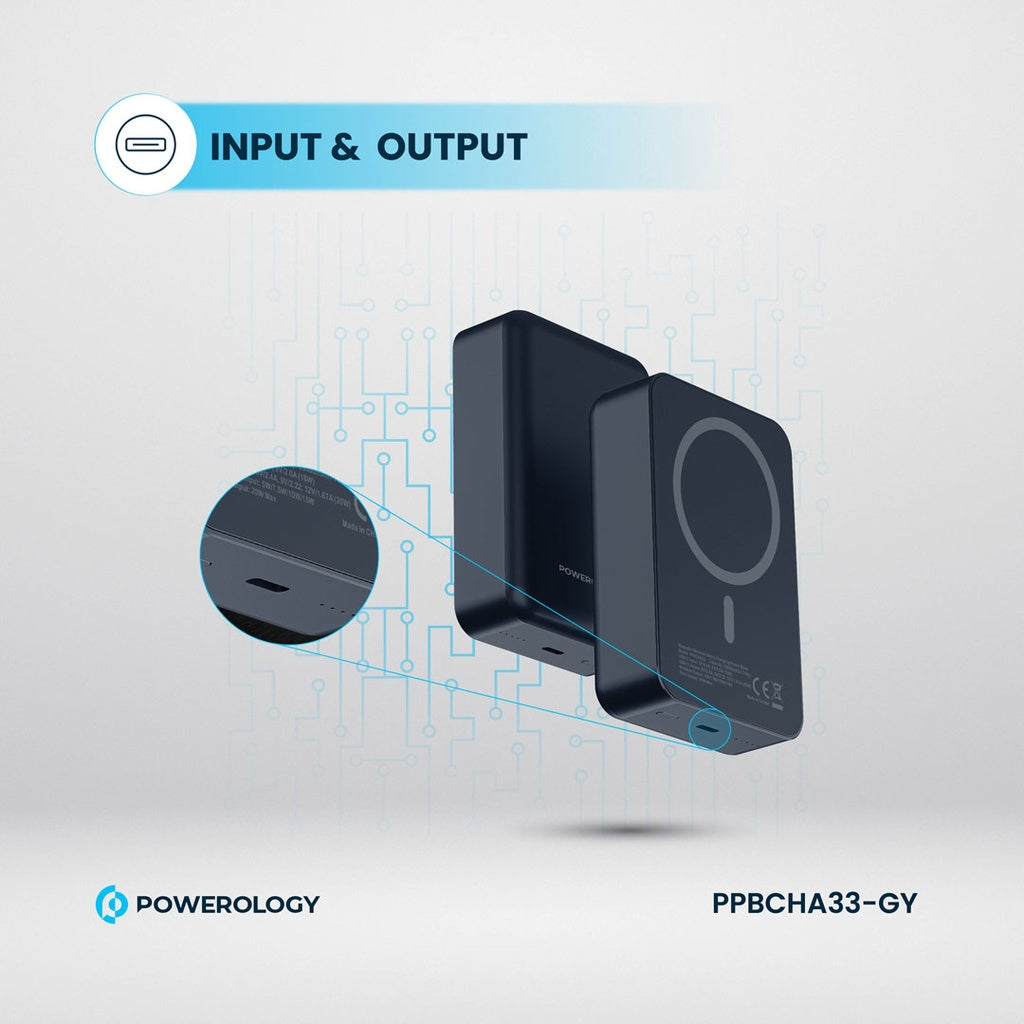 باور بانك باورولوجي المنيوم 20000mAh ومتوافق مع ماج سيف, شحن سريع 20 واط - رمادي | Powerology 20000mAh MagSafe Aluminum Power Bank – 20W PD – Grey.