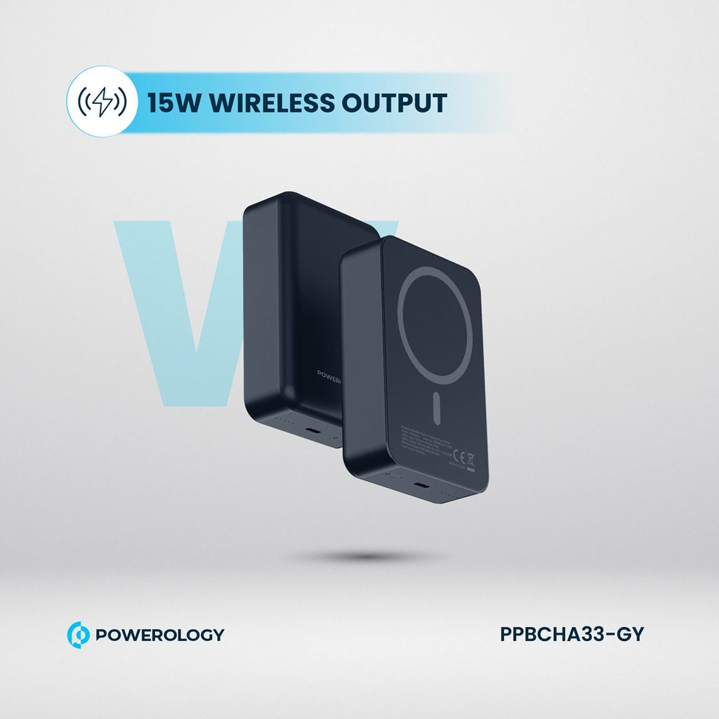 باور بانك باورولوجي المنيوم 20000mAh ومتوافق مع ماج سيف, شحن سريع 20 واط - رمادي | Powerology 20000mAh MagSafe Aluminum Power Bank – 20W PD – Grey.
