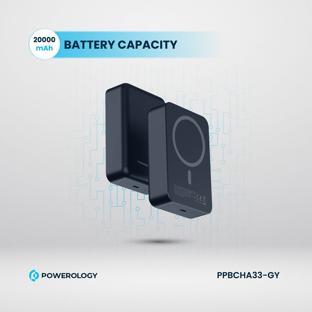 باور بانك باورولوجي المنيوم 20000mAh ومتوافق مع ماج سيف, شحن سريع 20 واط - رمادي | Powerology 20000mAh MagSafe Aluminum Power Bank – 20W PD – Grey.