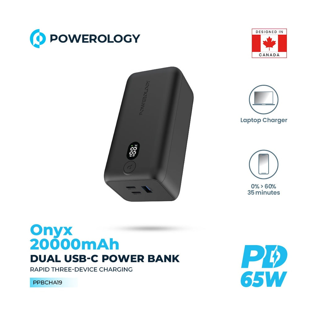 باور بانك باورولوجي اونيكس بسعة 20000 مللي امبير, شحن سريع بقدرة 65 واط - اسود | Powerology Onyx 20000mAh Dual USB-C Power Bank PD 65W - Black.