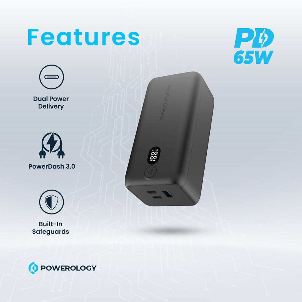 باور بانك باورولوجي اونيكس بسعة 20000 مللي امبير, شحن سريع بقدرة 65 واط - اسود | Powerology Onyx 20000mAh Dual USB-C Power Bank PD 65W - Black.