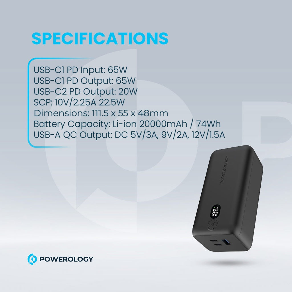 باور بانك باورولوجي اونيكس بسعة 20000 مللي امبير, شحن سريع بقدرة 65 واط - اسود | Powerology Onyx 20000mAh Dual USB-C Power Bank PD 65W - Black.