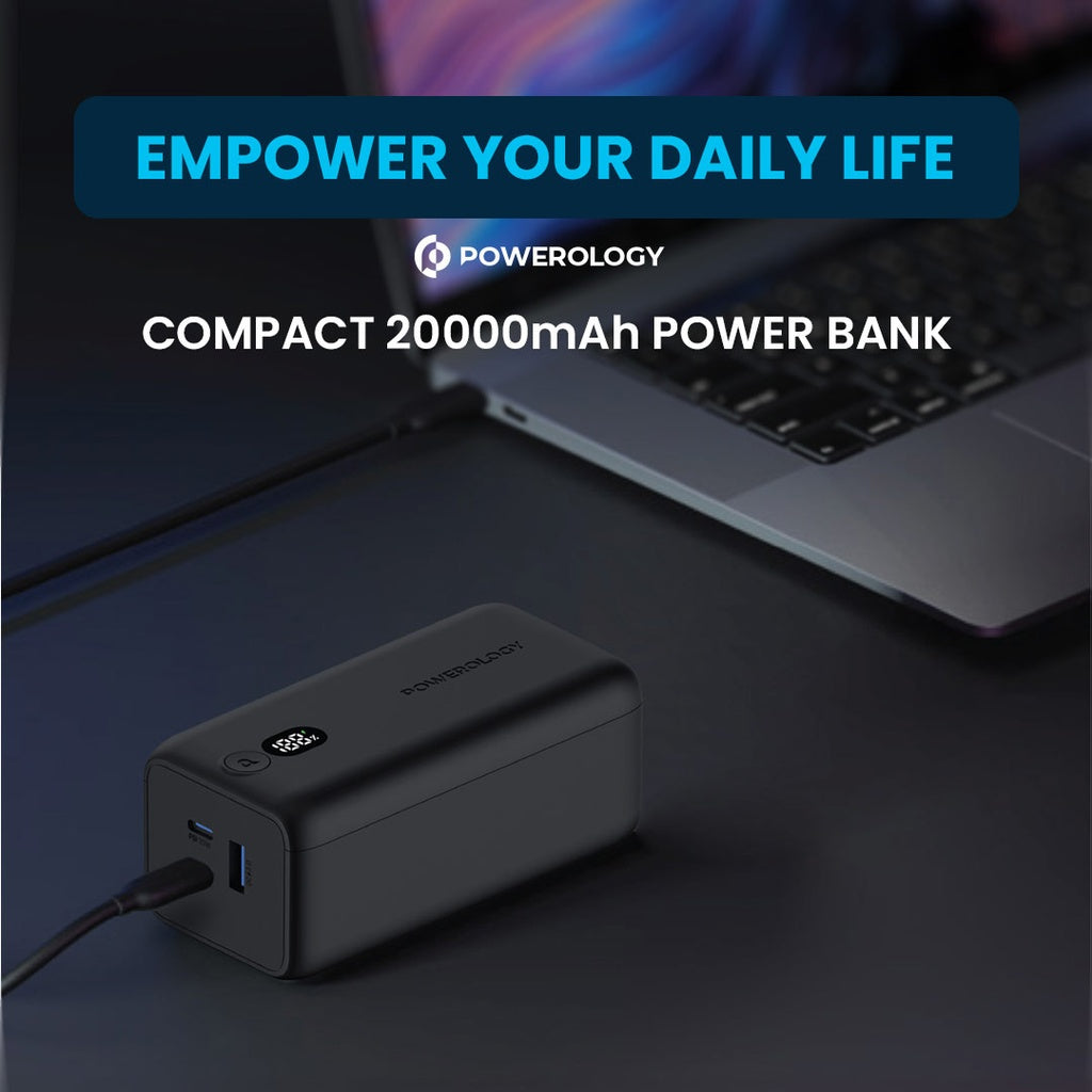 باور بانك باورولوجي اونيكس بسعة 20000 مللي امبير, شحن سريع بقدرة 65 واط - اسود | Powerology Onyx 20000mAh Dual USB-C Power Bank PD 65W - Black.
