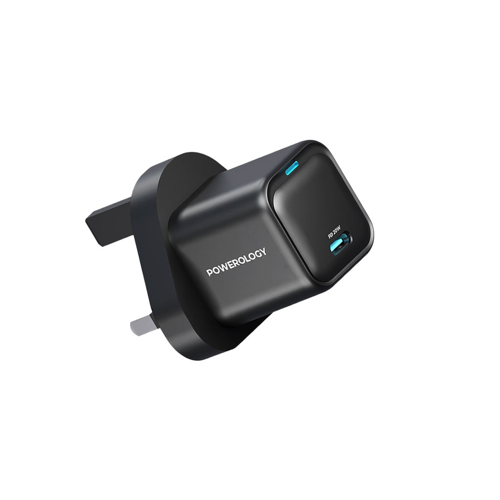شاحن باورولوجي جداري 20 واط بمنفذ تايب سي واحد, شحن سريع PD | Powerology 20W GaN Single USB-C PD Wall Charger, Fast Charging.
