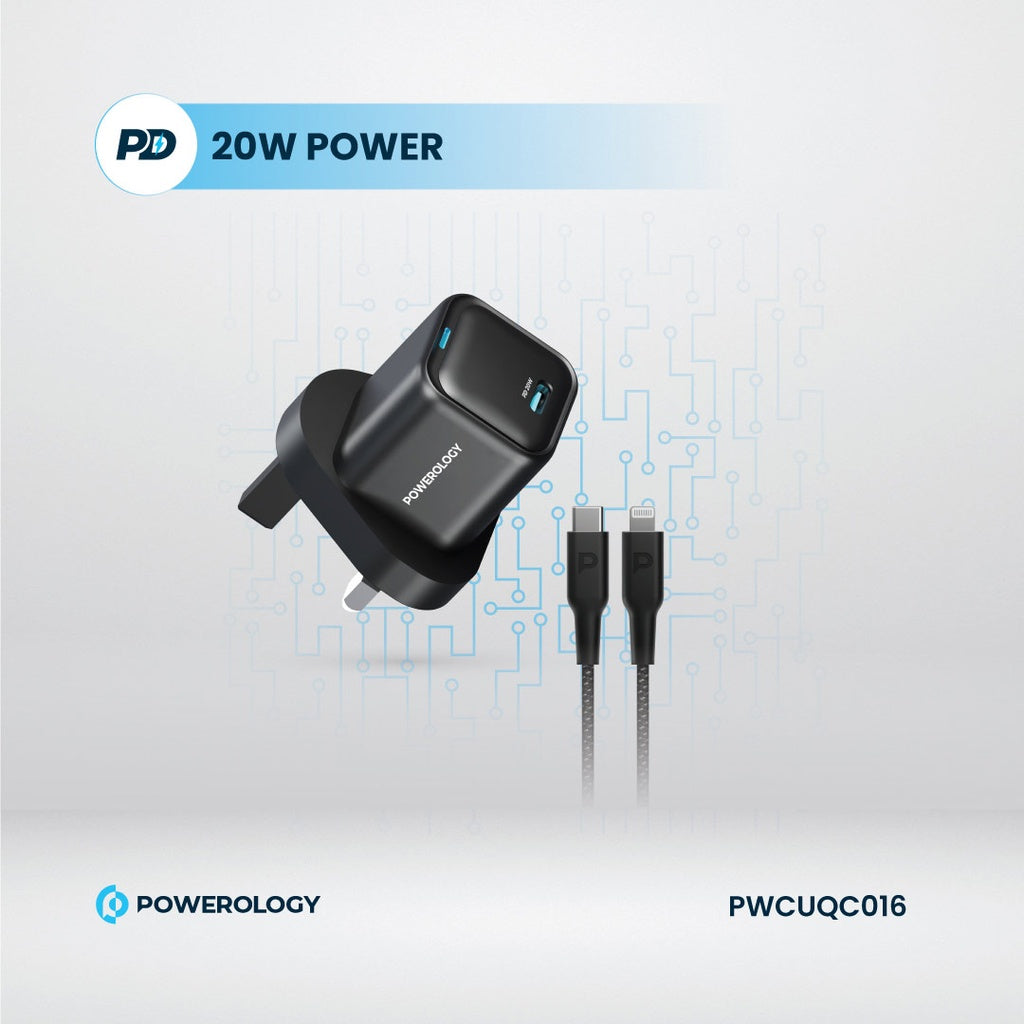 شاحن باورولوجي جداري 20 واط بمنفذ تايب سي واحد, شحن سريع PD | Powerology 20W GaN Single USB-C PD Wall Charger, Fast Charging.